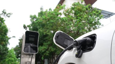 Elektrikli araba parkı ve şarj istasyonunun yanında şarj edilen enerji konseptinin sürdürülebilirliği. Çevresel koruma için yenilenebilir enerji tarafından kullanılan elektrikli araç.