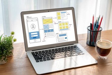 Model mobil uygulama ve web sitesi için UX UI tasarım süreci. Profesyonel uygulama geliştiricisi için kablo grafiğinin yaratıcı prototipi .