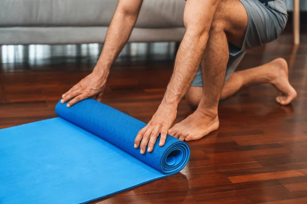 Active Sporty Senior Man Preparing Rolling Fitness Exercising Mat Living — Stock Photo, Image