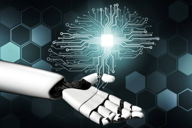 3D Rending Futuristic robot teknolojisi geliştirme, yapay zeka yapay zeka ve makine öğrenme konsepti. Gelecekteki insan hayatı için küresel robot biyonik bilim araştırması. 3B illüstrasyon