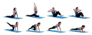 Collection of body workout training with exercise posture for athletic woman in different various exercising pose sequence in full body studio shot on isolated background. Vigorous clipart