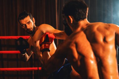 Asyalı ve Kafkasyalı Muay Thai boksörü vahşi boks maçında tekme sallıyor. Güçlü kaslı Taylandlı boksör acımasız dövüş hünerleriyle yumruk ve tekme tokuşturuyor. Impetus