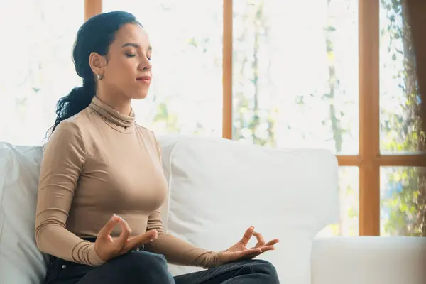 Young African American Woman Practice Crucial Mindful Meditation Home Living — Stock Photo, Image