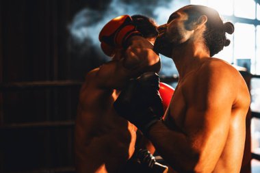 Asyalı ve Kafkasyalı Muay Thai boksörü boks maçında dirsek atağı yapıyor. Güçlü kaslı bir boksör acımasız bir dövüş hüneriyle yumruk ve dirsek yumruğa dövüşüyor. Impetus