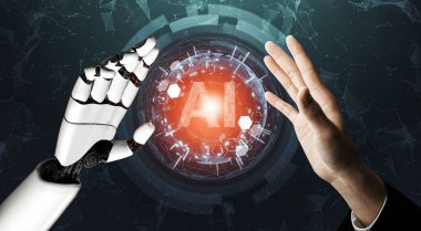 3D Rending Futuristic robot teknolojisi geliştirme, yapay zeka yapay zeka ve makine öğrenme konsepti. Gelecekteki insan hayatı için küresel robot biyonik bilim araştırması. 3B illüstrasyon