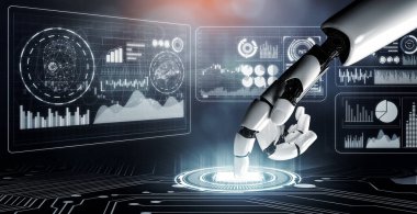 3D Rending Futuristic robot teknolojisi geliştirme, yapay zeka yapay zeka ve makine öğrenme konsepti. Gelecekteki insan hayatı için küresel robot biyonik bilim araştırması. 3B illüstrasyon