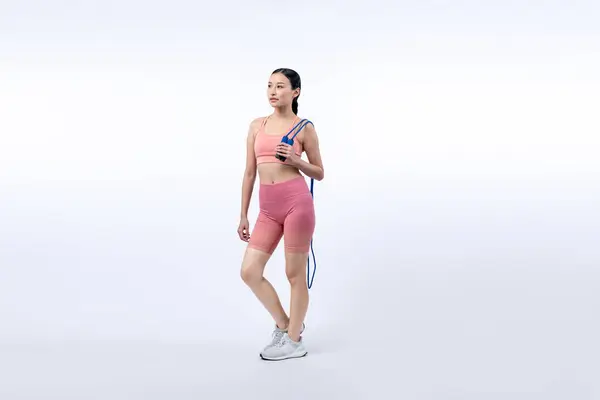 Ung Energisk Asiatisk Kvinna Sportkläder Med Hoppa Eller Hoppa Morgonrock — Stockfoto