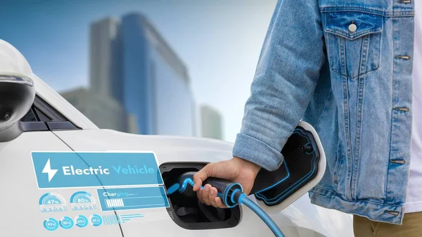 Hand Insert Charger Recharge Electric Car Charging Station Displaying Futuristic — Stock Photo, Image