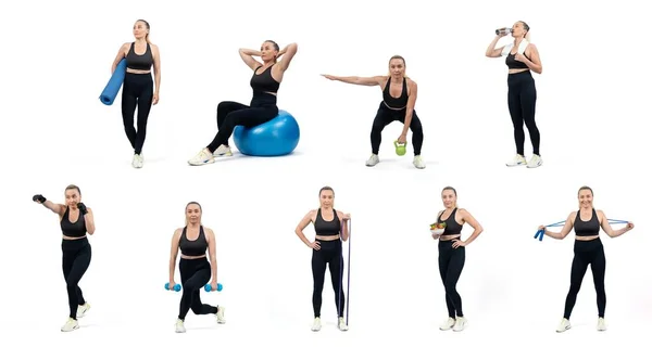 体重と体力トレーニングの異なるプロのフィットネス姿勢セットを持つ健康でアクティブなシニア女性 全身の長さショットで隔離された背景での心臓運動 クロート — ストック写真