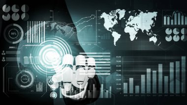 3D Rending Futuristic robot teknolojisi geliştirme, yapay zeka yapay zeka ve makine öğrenme konsepti. Gelecekteki insan hayatı için küresel robot biyonik bilim araştırması. 3B illüstrasyon