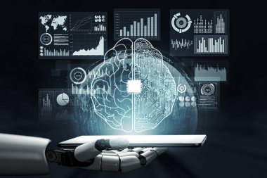 3D Rending Futuristic robot teknolojisi geliştirme, yapay zeka yapay zeka ve makine öğrenme konsepti. Gelecekteki insan hayatı için küresel robot biyonik bilim araştırması. 3B illüstrasyon