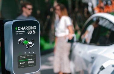 Genç çift yazın yeşil sürdürülebilir şehir bahçesinde EV elektrikli araba ile seyahat ederken, yeşil temiz yeniden şarj edilebilir elektrikli araç iç organları ile kentsel sürdürülebilirlik yaşam tarzını gösteriyor.