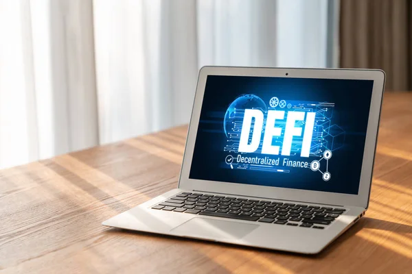 Αποκεντρωμένη Χρηματοδότηση Έννοια Defi Modish Οθόνη Υπολογιστή Σύστημα Defi Δίνει — Φωτογραφία Αρχείου