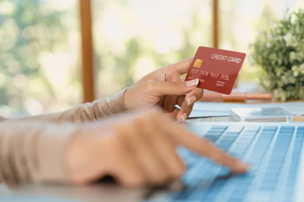 Close Credit Card Using Online Payment Banking Shopping Internet Network — Stock Photo, Image