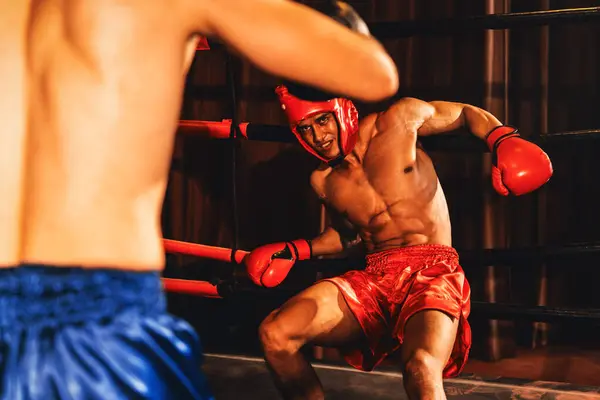 Boxer Fighter Boxing Helmet Fierce Intense Fight While Competitor Struggling — Stock Photo, Image