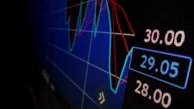 Yakın çekim makro çekim grafiği LED ekranda, büyüme grafiğini ekonomik patlama ya da boğa piyasa noktası konsepti olarak gösteriyor. Finansal yatırım için uygun pozitif borsa.