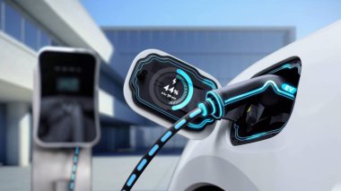 Şarj istasyonundan şarj olan elektrikli araba akıllı dijital batarya durum hologramını gösteriyor. Alternatif ve sürdürülebilir enerji kullanan teknolojik gelişim şarj edilebilir EV araba. İnceleyin