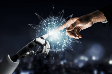 3D Rending Futuristic robot teknolojisi geliştirme, yapay zeka yapay zeka ve makine öğrenme konsepti. Gelecekteki insan hayatı için küresel robot biyonik bilim araştırması. 3B illüstrasyon
