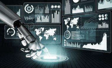 3D Rending Futuristic robot teknolojisi geliştirme, yapay zeka yapay zeka ve makine öğrenme konsepti. Gelecekteki insan hayatı için küresel robot biyonik bilim araştırması. 3B illüstrasyon