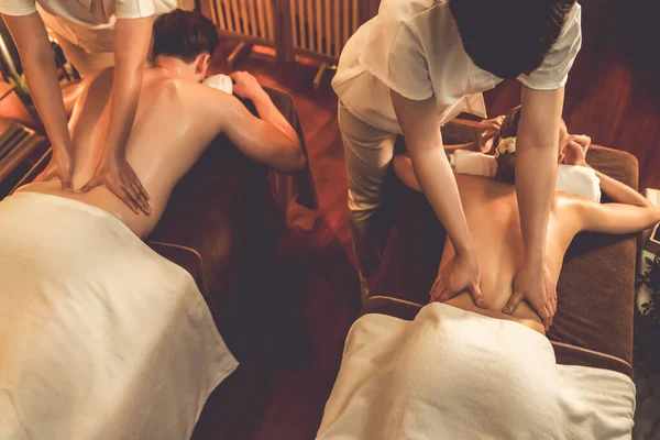 Top View Couple Enjoying Relaxing Stress Spa Massage Pampering Beauty — Φωτογραφία Αρχείου
