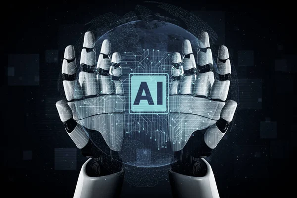 三维渲染人工智能人工智能对机器人和机器人的研究 为人类的未来生活服务 计算机脑数字数据挖掘与机器学习技术设计 — 图库照片