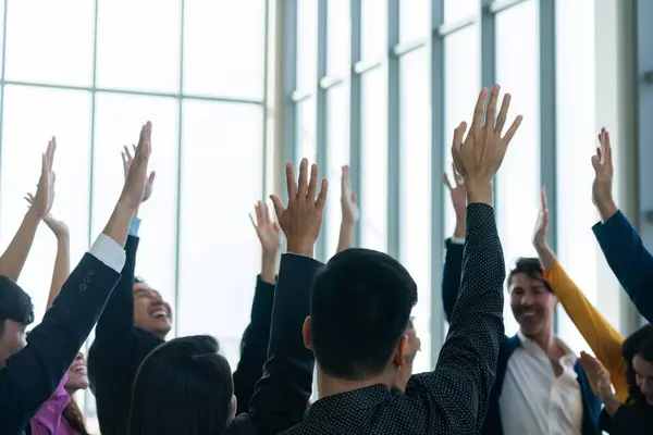 Successful Business People Raised Hands Voting Showing Approval Volunteering Office — Stock Photo, Image