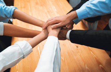 Çok ırklı iş adamları toplantı odasında iş birliği ya da şirket çalışanları için takım oluşturma amacıyla bir araya toplanıyorlar. Çok titiz.