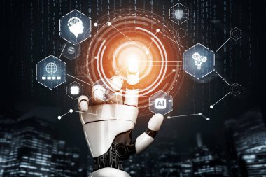 3D Rending Futuristic robot teknolojisi geliştirme, yapay zeka yapay zeka ve makine öğrenme konsepti. Gelecekteki insan hayatı için küresel robot biyonik bilim araştırması. 3B illüstrasyon