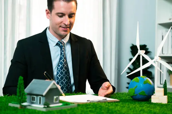 Businessman Ceo Office Signing Environmental Regulation Agreement Earth Sustainable Energy — Stock Photo, Image