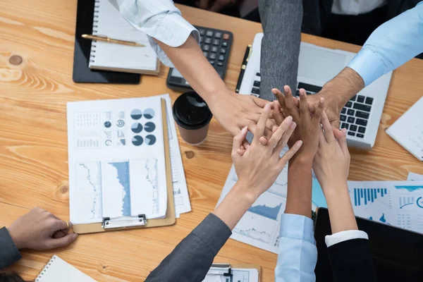 Top View Diverse Business Team Celebrate Successful Meeting High Fives — Stock Photo, Image