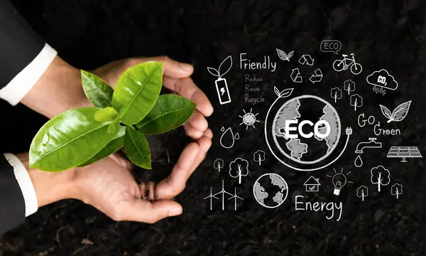 具有生态设计图标的商人培育植物象征着对环境企业的承诺 即通过为可持续的未来进行自然保护来减少碳排放 可靠性 — 图库照片