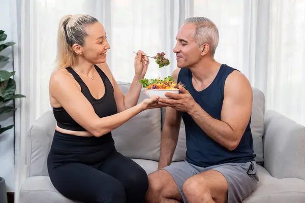 Healthy Senior Couple Sportswear Bowl Fruit Vegetable Healthy Cuisine Nutrition — Stock Photo, Image