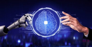 3D Rending Futuristic robot teknolojisi geliştirme, yapay zeka yapay zeka ve makine öğrenme konsepti. Gelecekteki insan hayatı için küresel robot biyonik bilim araştırması. 3B illüstrasyon