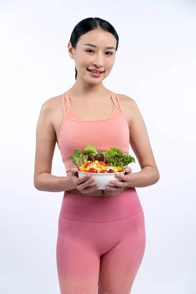 Jonge Sportieve Aziatische Vrouw Sportkleding Met Salade Kom Vullen Met — Stockfoto
