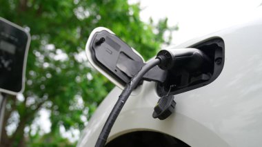 İlerici adam elektrikli aracına elektrik kablosu takıyor. Ev şarj istasyonundan EV arabası. Çevreyi korumak için temiz ve yenilenebilir enerji kullanan elektrikli bir araba. Çevre dostu otomobil.