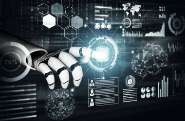 3D Rending Futuristic robot teknolojisi geliştirme, yapay zeka yapay zeka ve makine öğrenme konsepti. Gelecekteki insan hayatı için küresel robot biyonik bilim araştırması. 3B illüstrasyon