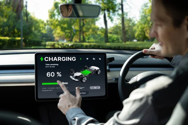 Electric Car Driver Checks Battery Charging Status Range Charging Limit — Stock Photo, Image