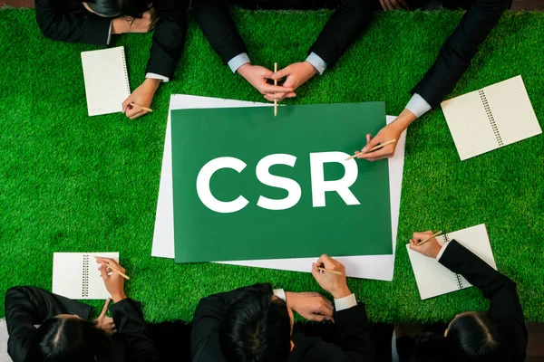 Top View Panoramic Csr Symbol Green Grass Table Business People — Stock Photo, Image