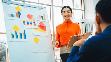 Genç bir kadın günlük ofis odasındaki beyaz tahtadaki iş verilerini açıklıyor. Kendine güvenen Asyalı iş kadını, strateji belirleme amaçlı bir iş projesinin bilgi ilerlemesini bildiriyor. Jivy