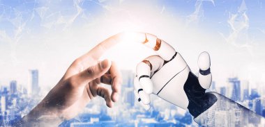 3D Rending Futuristic robot teknolojisi geliştirme, yapay zeka yapay zeka ve makine öğrenme konsepti. Gelecekteki insan hayatı için küresel robot biyonik bilim araştırması. 3B illüstrasyon