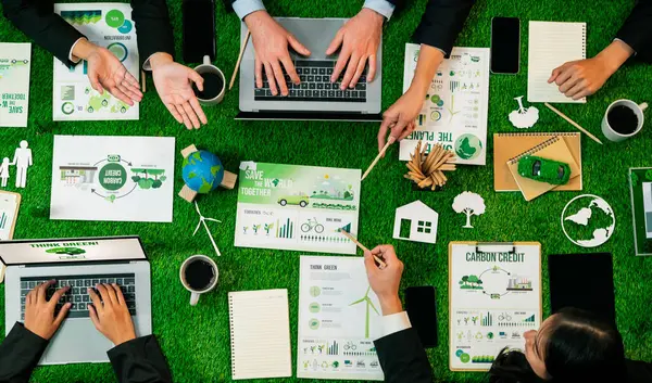 Panorama Top View Business People Planning Business Marketing Environmental Responsibility — Stock Photo, Image