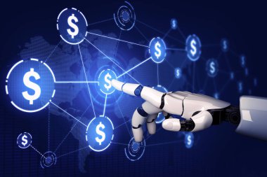 3D Rending Futuristic robot teknolojisi geliştirme, yapay zeka yapay zeka ve makine öğrenme konsepti. Gelecekteki insan hayatı için küresel robot biyonik bilim araştırması. 3B illüstrasyon