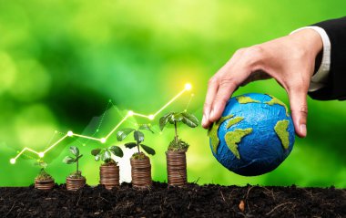 Growing coin or money stack with ESG businessman hold Earth globe symbolize eco investment with sustainable growth potential lead to profitable financial return and environmental protection. Reliance clipart