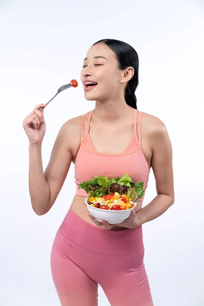 Jonge Sportieve Aziatische Vrouw Sportkleding Met Salade Kom Vullen Met — Stockfoto
