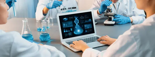 Dedicated Scientist Group Working Advance Biotechnology Computer Software Study Analyze — Stock Photo, Image
