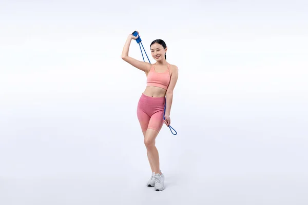 Young Energetic Asian Woman Sportswear Jumping Skipping Robe Posing Portrait — Stock Photo, Image