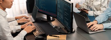 Yazılım geliştirme ekibi ofiste birlikte çalışıyor, bilgisayar ekranında betik görüntülemesi kodluyor. Teknoloji geliştirici şirketinde çalışan programcı ve yazılım mühendisi. Önde.