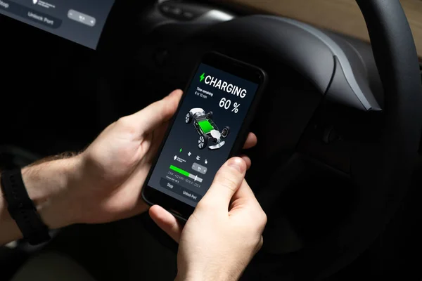 Elektryczny Kierowca Sprawdza Stan Naładowania Akumulatora Zasięg Limit Naładowania Ekranie — Zdjęcie stockowe