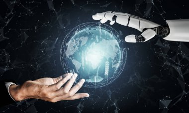 3D Rending Futuristic robot teknolojisi geliştirme, yapay zeka yapay zeka ve makine öğrenme konsepti. Gelecekteki insan hayatı için küresel robot biyonik bilim araştırması. 3B illüstrasyon