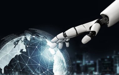 3D Rending Futuristic robot teknolojisi geliştirme, yapay zeka yapay zeka ve makine öğrenme konsepti. Gelecekteki insan hayatı için küresel robot biyonik bilim araştırması. 3B illüstrasyon